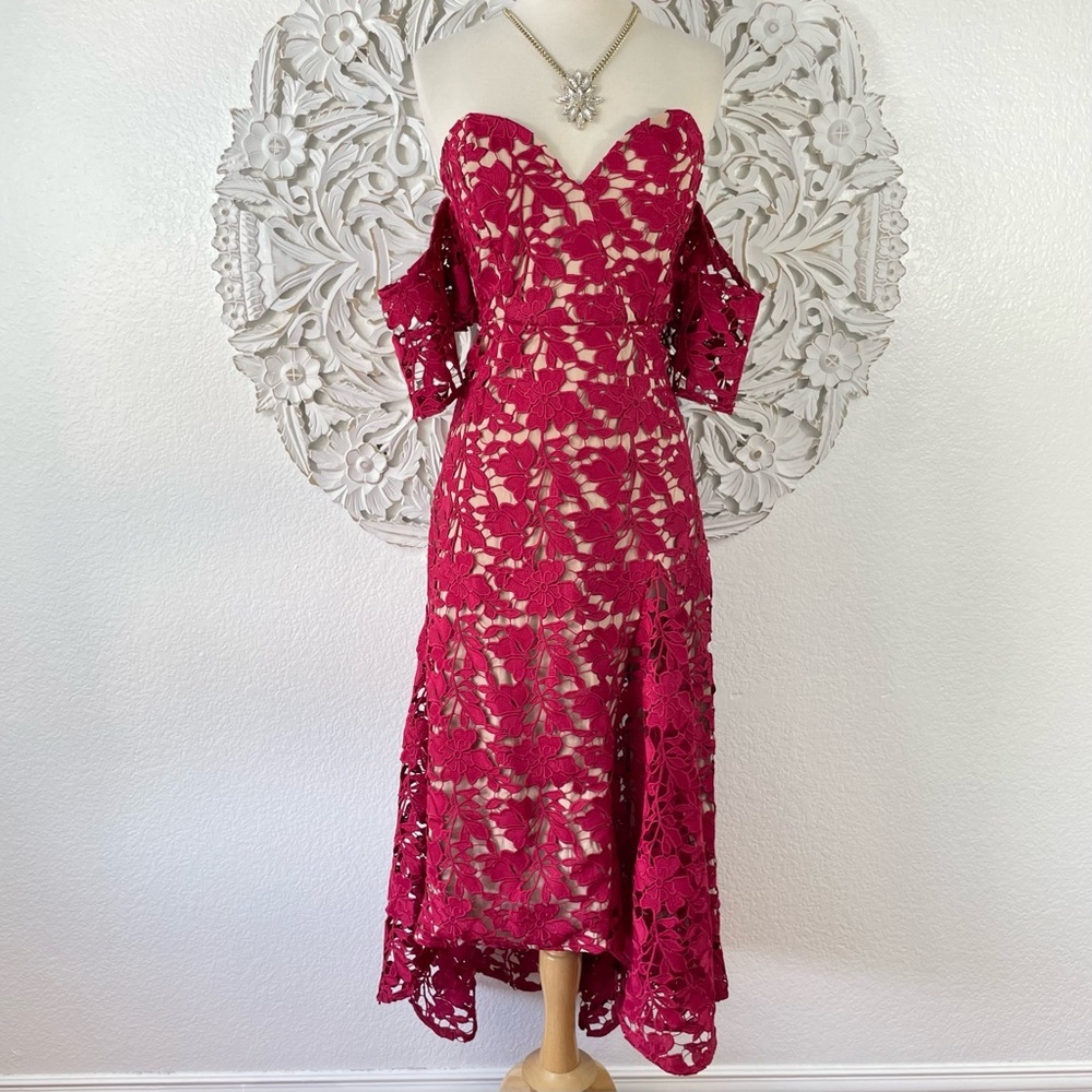 {Sau Lee} Scarlett Off Shoulder Lace Crochet Midi Dress, Size 6